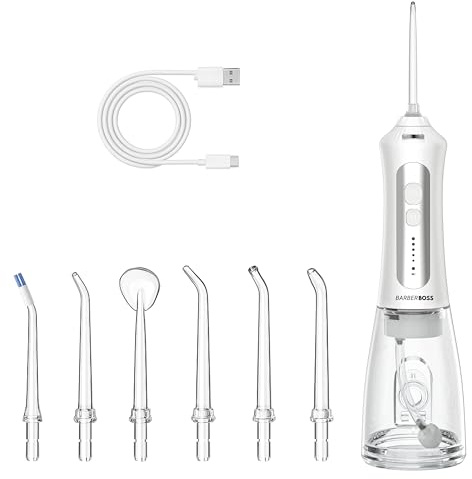 BarberBoss Wiederaufladbare Munddusche für Zähne und Zahnfleisch, 5 Reinigungsmodi, 5 Düsen, 300-ml Tank, kabellose USB-Munddusche, IPX7 wasserdicht und 360° Düse