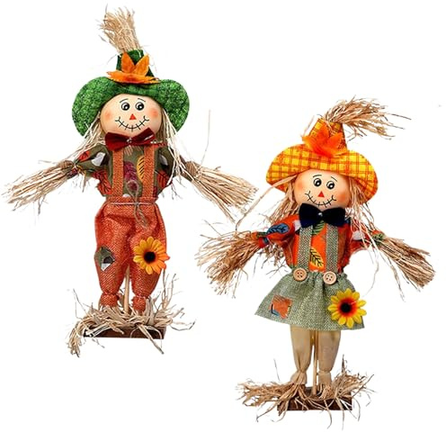 Épouvantail d'automne, décoration d'intérieur pour porche - Piquets avec tissu et chapeau - 35,6 cm - Décoration pour récolte, jardin, cour, fête, festival