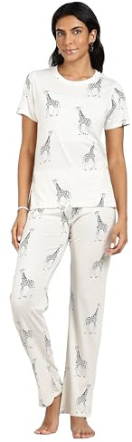 TURTLE Cotton Pyjama Set Women’s Giraffe Print – 100% Cotton Nightwear Lounge Set (L, Cream)