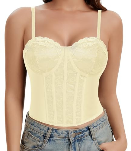 Werkiss Lace Boned Corset Top for Women Going Out Bustier Corset Top with Straps Sexy Overbust Corsets Push Up Crop Tops