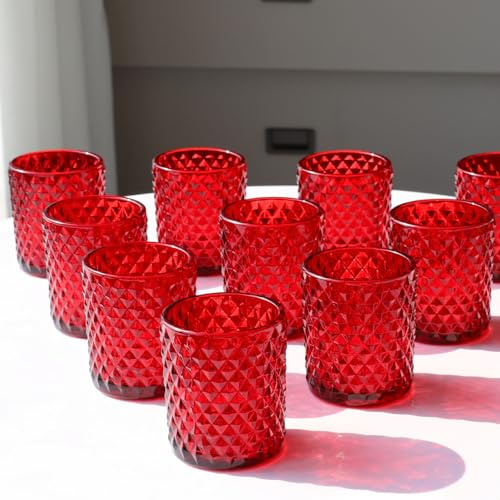 12 Stück Rote Teelichtgläser, Diamant Teelichthalter Glas für Tischdekor | Vohocandle Rautenmuster Teelichter Gläser für Hochzeiten, Weihnachtsfeiern und Heimdekoration (Rot, 5.5cm W x 6.5 cm H)