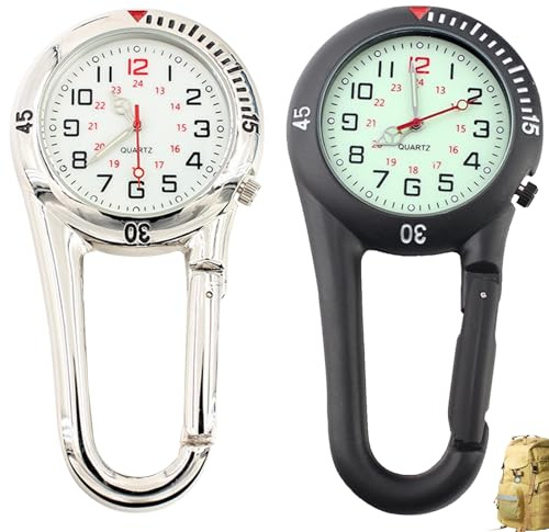 Menibeuty 2 Stück Karabineruhr, Taschen-Taschenuhr Schwesternuhr Pocket Watch, Leuchtendes Analog Clip-on Quarz Uhr, Karabineruhr für Radfahrer Kletterer Rucksack Quarzuhr, Krankenschwesteruhr Ärzte