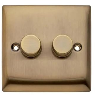 Britelite Double Dimmer Switch, 2 Gang 2 Way, Antique Brass | Trailing-edge rotary control for LED and halogen bulbs; suitable for domestic and commercial use; steel construction.