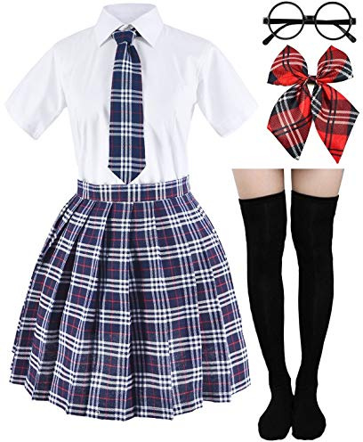 Elibelle Japanisches Schottenkaro, plissiert, Schuluniform, Cosplay-Kostüme mit Socken, Brillenrahmen-Set