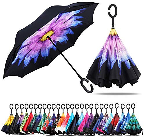 NNY Inc Double Layer Inverted Umbrella Cars Reverse Open Folding Umbrellas, Windproof UV Protection Large Self Stand Upside Down Straight Umbrella for Golf Women and Men with C-Shaped (Beauty)