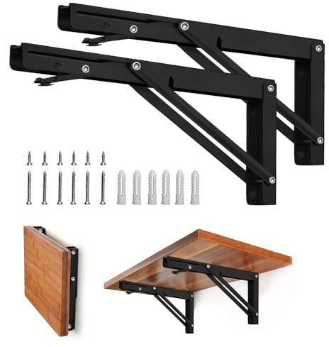 Storystore Folding Shelf Brackets - 10 Inch Heavy Duty Metal Collapsible Shelf Bracket for Bench Table, Shelf Hinge Wall Mounted Space Saving DIY Bracket, Max Load: 150 lb (2 PCS, Black)