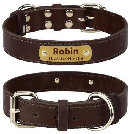 TagME Hundehalsband Personalisiert aus Leder mit Eingraviertem Hundename und Telefonnummer, Hundehalsband aus Echtem Leder für Extra Großen Hunden