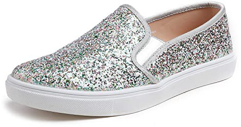 Feversole Women's Fashion Slip-On Trainer Casual Flat Loafers,Skater Pumps Trainers Sneakers Shoes Multi Siver Glitter Size 7