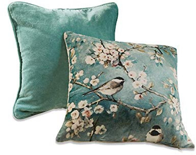 Loberon Kissen 2er Set Gráda, romantischer Kirschblütenprint, unifarbenes Zierkissen, edel schimmernd, Wohntextilien, Wohn-Accessoires, Baumwollsamt, Polyester, bunt