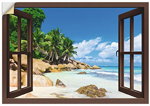ARTland Wanddeko Wandtattoo selbstklebende Vinylfolie 100x70 cm Querformat Fensterblick Strand Karibik Meer Palmen Südsee Natur U1UA