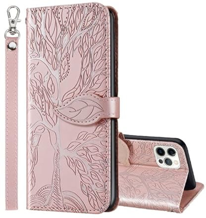 ONETHEFUL Handyhülle Tasche Book Cover für iPhone 12/12 Pro Hülle Kunstleder Klappbar Flip Phone Case Brieftasche Huelle Etui mit Ständer Roségold