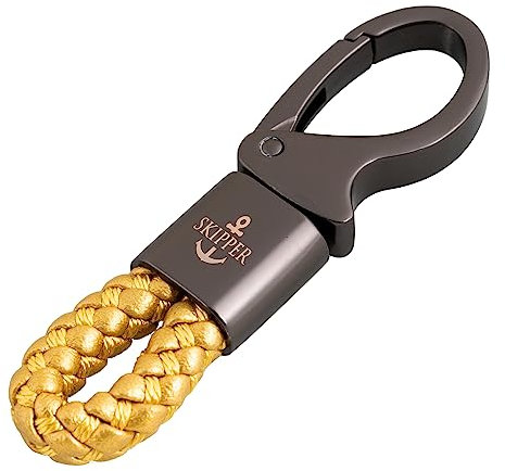 Skipper D-Clip Karabiner Schlüsselanhänger aus Leder Imitat Geschenk für Frau Mann Auto Schwarz 8747 - Gold