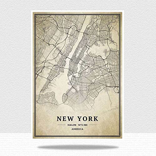 YMXCNM Leinwand Bilder,New York Vintage Stadtplan Poster Drucke Kunstwerk Ungerahmte Bilder Moderne Personalisierung Gemälde Weihnachten Souvenir Geschenk Home Decor, 30X40Cm / 11.81X15.74 In