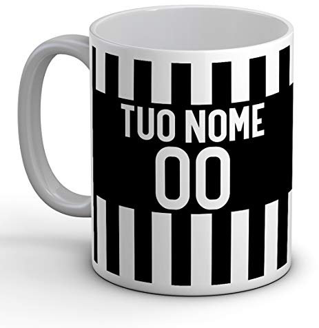 quickgadget Idea Arredo Casa Regalo Tazza Sport in Ceramica Sport per Tifoso Calcio Bianco Nero, Personalizzato con Nome e Numero