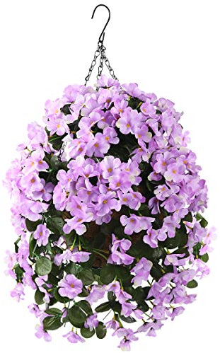 INQCMY Künstliche Hängeblumen im Korb für Terrasse, Garten, Kunstpflanze mit Kokosfutter, Hängekörbe, Begonienblume für die Dekoration im Innen- und Außenbereich (Hellviolett)