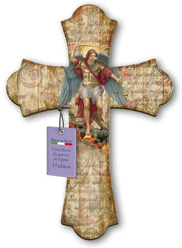 FRATELLI BONELLA - Crocifisso da Parete in Legno di Pioppo Raffigurante San Michele Arcangelo - Crocifisso Vintage 17x24 cm - Crocifisso Legno 100% Made in Italy