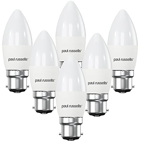 paul russells LED Light Bayonet Cap B22, 40watt Equivalent, 4.9W 470LM LED Bulbs, 6500K Bright Daylight, Frosted C35 BC Candle Energy Saving Non-Dimmable Chandelier Lightbulbs, Pack of 6