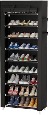 Calmootey - Organizador de zapatos de 9 niveles, estante portátil para zapatos con cubierta de tela no tejida para armario, pasillo, dormitorio, entrada, color negro