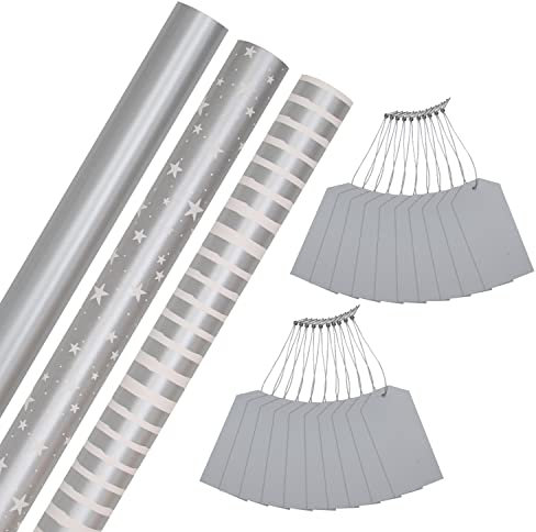 Hallmark Lot de 3 rouleaux de papier cadeau de Noël et étiquettes cadeaux de Noël en 3 motifs avec 2 paquets de 10 étiquettes cadeaux argentées
