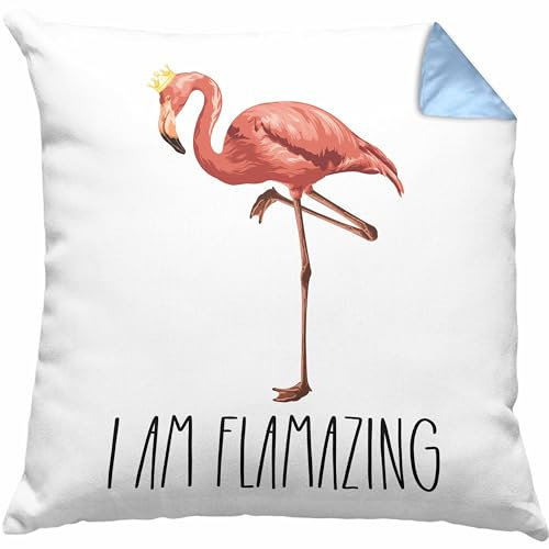 Flamingo Kissen mit Füllung 40x40 Geschenk Flamazing Geschenkidee Tiere Frauen Lustiger Spruch (Blau)