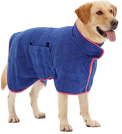 HezzLuv Bademantel für Hunde, Hundebademantel aus Mikrofaser für mittlere und große Hunde, super saugfähiger Haustier Trockenmantel, ganzjahres schnell trocknendes Handtuch (Blau,L)