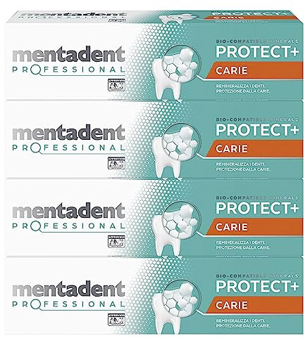 Mentadent Professional Protect+ Carie Dentifricio Remineralizzante Protezione Denti e Smalto con Minerali Biocompatibili e Fluoro - 4 Flaconi da 75ml