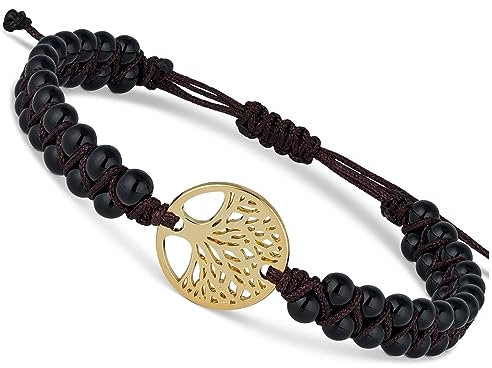 BENAVA Damen Yoga Armband Onyx Edelstein Perlen mit Lebensbaum Anhänger Schwarz | Edelstein Armband Meditation | 16-24 cm