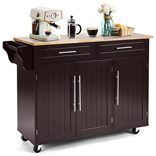 COSTWAY Desserte de Cuisine à roulettes, Chariot de Service Imperméable avec 2 Tiroirs, Étagères Réglables, Porte-Serviettes, Couteau, 3 Portes, Poignée Inoxydable, 46 x 122 x 93 cm, Marron