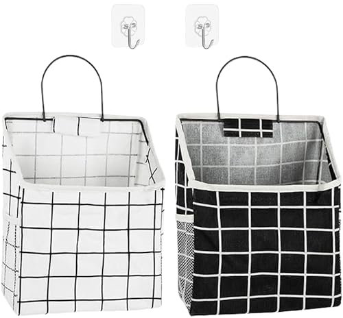 Hachera 2 Pcs Organiseur Paniers Muraux, Sac De Rangement Suspendu Imperméable, Sacs Suspendus De Porte, Organiseur Suspendu Tissu, Sac Mural, pour Chambre Salle De Bain Cuisine (Noir/Blanc)