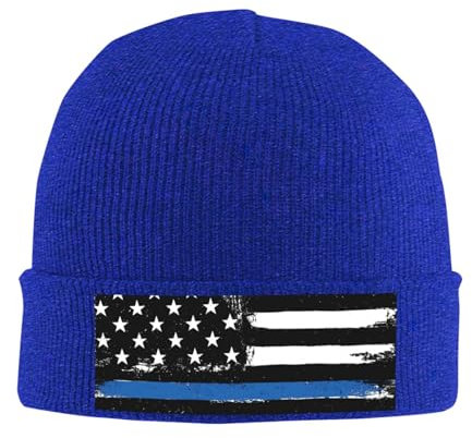 ESASAM Blaue dünne Linie USA-Flagge Strickmütze – Acryl-Strickmütze mit gerippter Textur – gemütliche Winter-Kopfbedeckung, Strickmütze, warme Mütze, isolierte Mütze, Outdoor-Kopfbedeckung, Slouchy