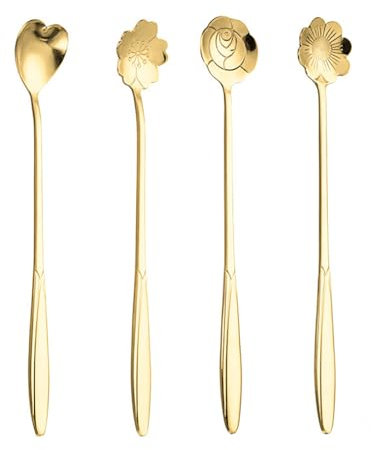 SHLWYG Lot de 4 cuillères longues créatives en acier inoxydable avec motif fleurs de cerisier et fleurs, cuillères à café dorées
