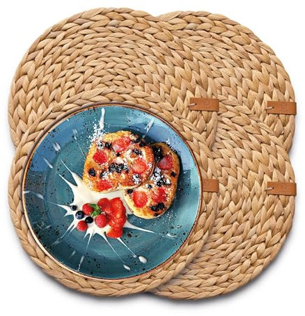 FRIHET 4er Set Tischset rund geflochten Wasserhyazinthe | Boho Deko | Platzset abwaschbar | Untersetzer Teller (Ø 25cm, Natur)