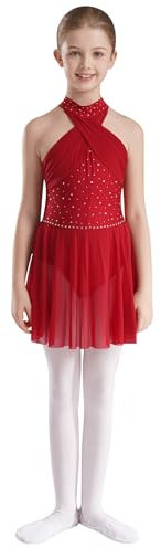 TTAO Kinder Mädchen Ballettkleid Ärmellos Chiffon Ballett Body Mit Asymmetrisch Tutu Rock Trikot Gymnastikanzug Lyrical Modern Dancewear Tanzkostüm Burgundy B 146-152