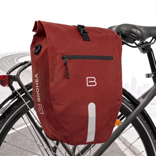 Bronea Gepäckträgertasche für Fahrrad ROT - Groß 28 Liter - abnehmbare Fahrradtasche für Gepäckträger hinten - Wasserdicht & Reflektierend - Click System Befestigung - Inklusive Laptop-Fach