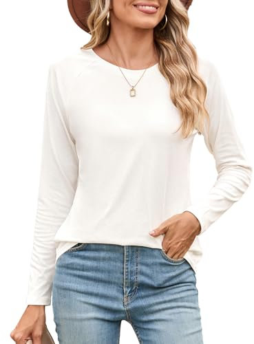 Beluring Damen Tshirt Langarm Raglan Shirt Elegant Rundhals Unregelmäßiger Saum Tunika Top Weiß S