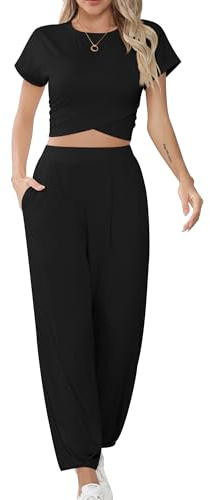 Missufe Damen Crop Top und Jogginghose Trainingsanzug Lounge Sportanzug Freizeitanzug 2 Teiler Outfit mit Taschen (Schwarz, Klein)