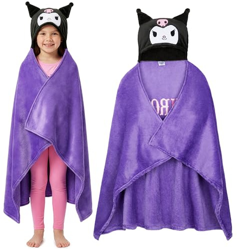 Hello Kitty Sanrio Kuscheldecke Kinder Teenager mit Kapuze, 90x130cm, Kuromi Cinnamoroll Decken Poncho Kawaii Fleece Decke, Anime Geschenke Mädchen