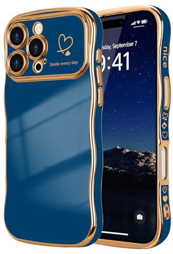 LCHULLE for iPhone 16 Pro Max Case for Women Girls,Cute Curly Wave Frame Shape Love Heart Pattern Phone Case,Raised Camera Protection Plating Shockproof Cover for iPhone 16 Pro Max 6.9,Navy Blue