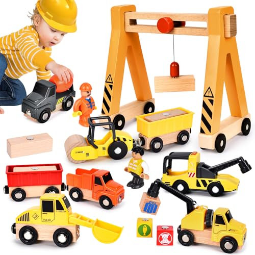 BuzzoXerex Baustellenfahrzeuge Kinder Holzspielzeug, Baufahrzeuge Magnetisch Mit Portalkran, Bagger, Kranwagen, Muldenkipper - Geschenk Ab 3 Jahre
