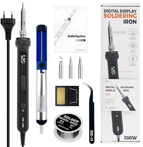 Treedix Lötkolben Set, 100W verstellbarer Temperatur Lötkolben mit digitaler Anzeige, Mini Lötkolben, drei zusätzliche Lötkolbenspitzen, Pinzette, Entlötpumpsauger, Lötzinn und Ständer (EU-Stecker)