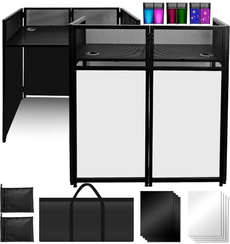 Portable DJ Booth 40 x 20, DJ Facade Table with Black/White Light Scrims, Foldable DJ Stand for Laptop and Controller,with Carry Bag, Cable Hole, Perfect for Bars, Clubs, Party, Private Events
