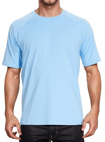 Peakwell Hommes Protection Solaire T-Shirts Rashguard UPF 50+ T-Shirts de Sport Outdoor Fonctionnels Manches Courtes, Bleu Clair, L
