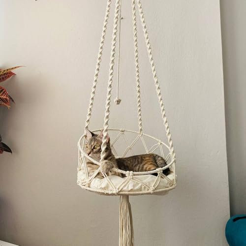DCQRY Cat Hammock, Hanging Cat Bed Handwoven Boho Cat Swing Pet Swing Bed for Indoor Outdoor Cat Sleeping, Playing (130cm)