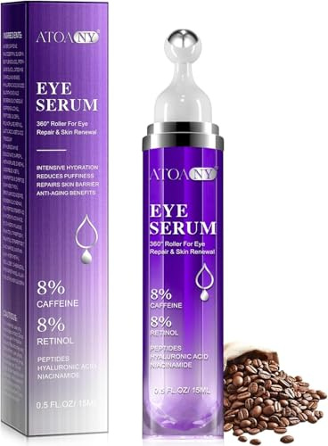 Augenserum mit 8% Koffein, reduziert Augensäcke, Falten und Fältchen, Augencreme mit 360° Augenroller-Massageball, 8% Koffein, 8% Retinol, Hyaluronsäure, Niacinamid, 15ML