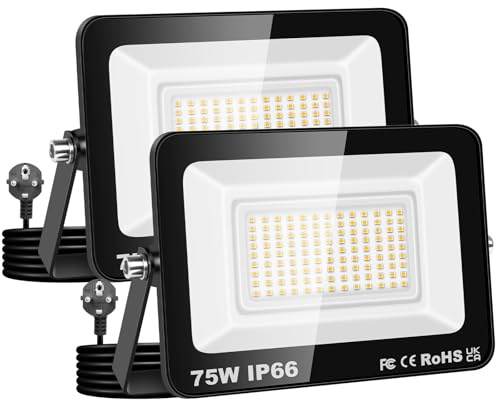 AUXTINGS 2 Stück 75W Led Strahler Außen mit Stecke, 7500LM Scheinwerfer Aussen IP66 Fluter 4000K Warmweiß Aussenstrahler Flutlichtstrahler mit 150cm Cable für Garten Hinterhof Garage Terrassen