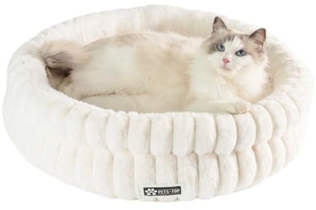 One PETS-TOP Panier Chat Moelleux – Coussin Chat ou Petit Chien Doux et Confortable – Cat Bed Antistress – Couchage Apaisant Rond et Chaud (Blanc, 60 cm)