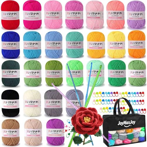 Pelote de laine à tricoter 28 x 25 g - Fil acrylique avec crochets en aluminium - Marqueurs de point pour débutants et adultes - Laine pour crochet, tricot et travaux manuels (fil à crochet, 28 pièces