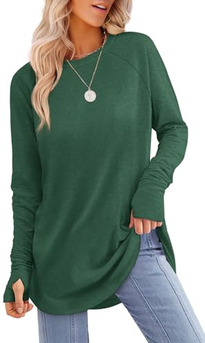 Aokosor Womens Tunic Tops for Leggings Ladies Loose Fit Jumpers Long Sleeve Sweatshirts Thumbholes Curved Hem Size 18-20 Forest Green