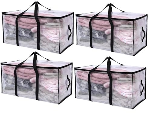 4Pcs Extra Large Moving Storage Bag with Zips Clear Wardrobe Organizer Tote | 88L Capacity,With Empty Tag Pocket,Moving Box Alternative,Waterproof,Packing Clothes Bin for Laundry,Duvet