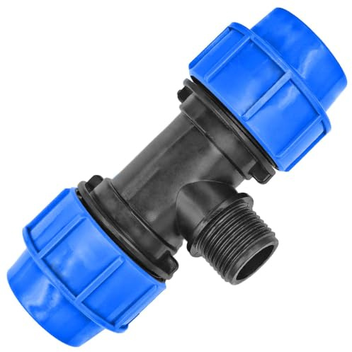 MegaHaustechnik PP-Fitting Klemmverbinder T-Stück, 25mm x 1“ AG x 25mm, | Trinkwasser geeignet, Druck 16 Bar, für PE-Rohr-Außendurchmesser 25mm, 1 Zoll Außengewinde, Adapter, blau